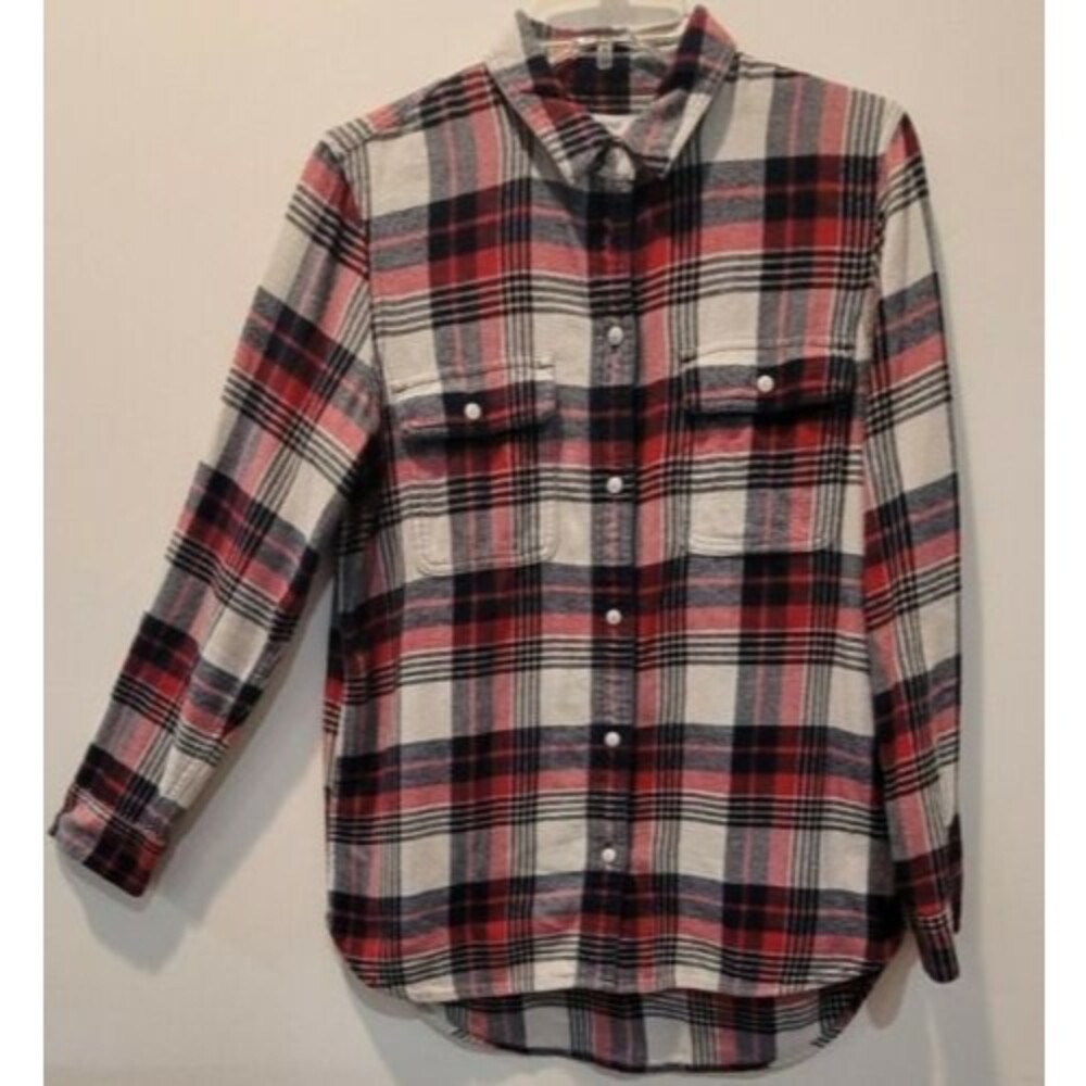 Madewell Woman's small, Red white blue Flannel plaid long sleeve Heavy weight